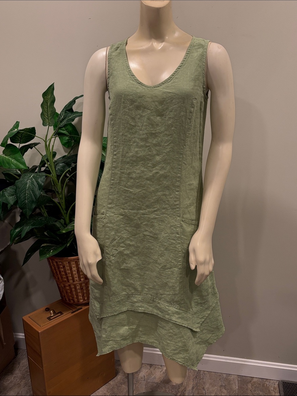 Click Color Me Cotton Sage Green Sleeveless Linen Dress w/ Handkerchief Hem